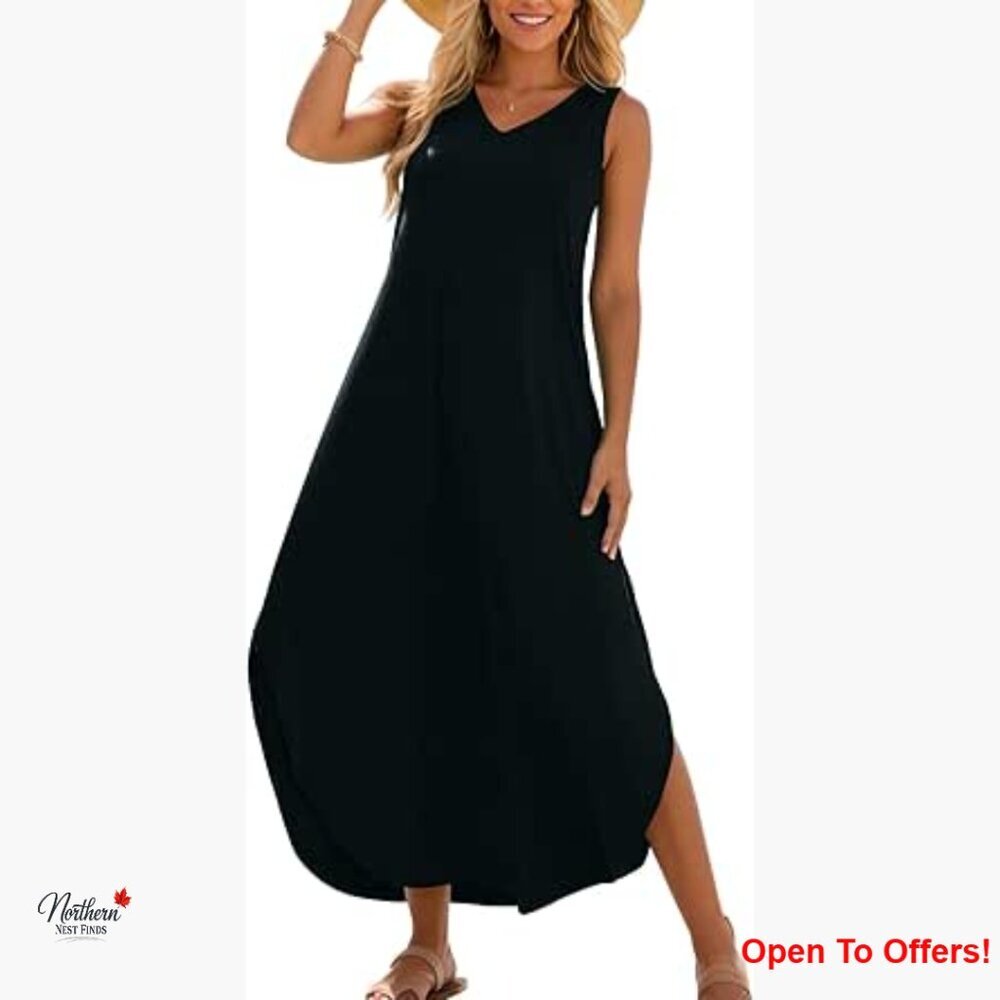 Summer Sleeveless V Neck Casual Loose Split Long Dress